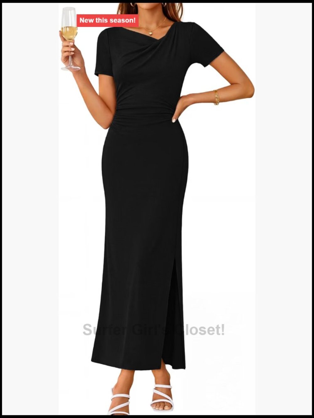 Women's Ruched Bodycon Maxi Dress Side Slit V-Neck Formal